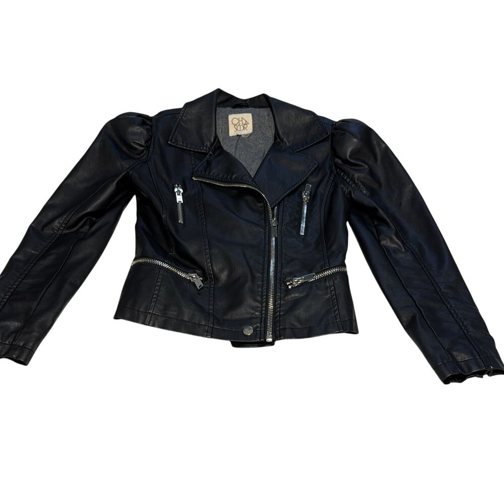 Chaser Black Faux Leather Puff Sleeve Moto Biker Jacket Womens XSmall